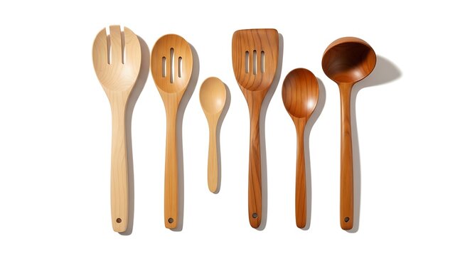 Set of wooden kitchen utensils on white background  cooking tools