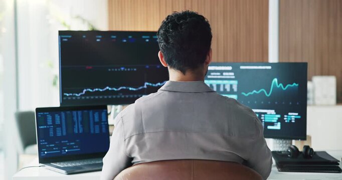 Finance, graph and back of businessman on computer for stock market, trading analytics and investment. Growth, statistics and person on pc with profit, research and insight for risk assessment