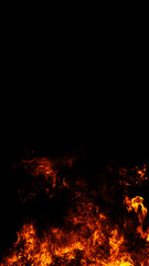 Vertical texture. Fire on isolated background. Perfect explosion effect for decoration and covering on black background. Concept burn flame and light texture overlays