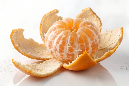 Freshly peeled mandarin orange segments reveal vibrant citrus texture with the bright orange rind partially opened on a reflective white surface.