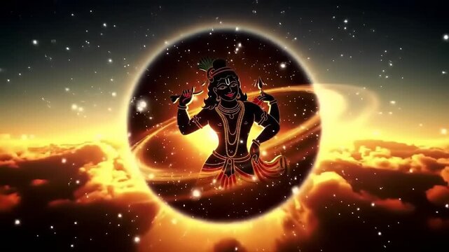 Lord Krishna Cosmic Dance in Nebula Surrounded by Stars and Planets.