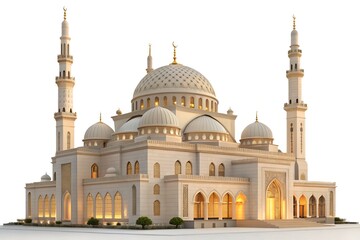 Obraz premium Magnificent ornate mosque with multiple domes and towering minarets, illuminated with warm golden light, standing as a beautiful symbol of Islamic architecture and spiritual tranquility against a clea