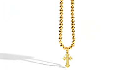Gold beaded necklace with a detailed Christian cross pendant hanging