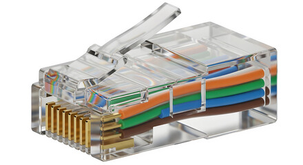 Close-up of an Ethernet cable connector with colorful wires