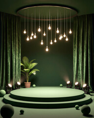 Green Stage with Hanging Lights and Palm Tree - Product Display