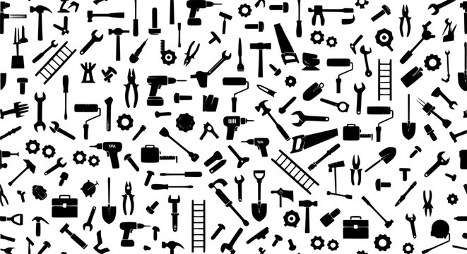 Seamless Black Tools Silhouette Background Pattern with DIY and Workshop Equipment Icons