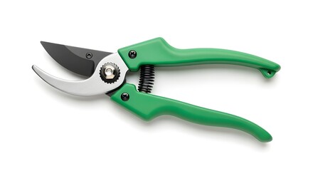 Fototapeta premium A pair of green and silver pruning shears on a white background