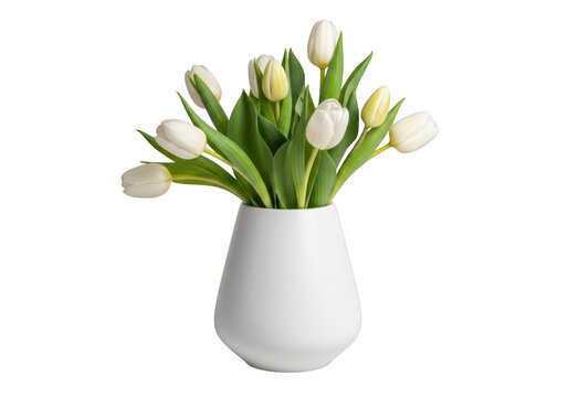 A beautiful bouquet of white tulips in a simple white vase.