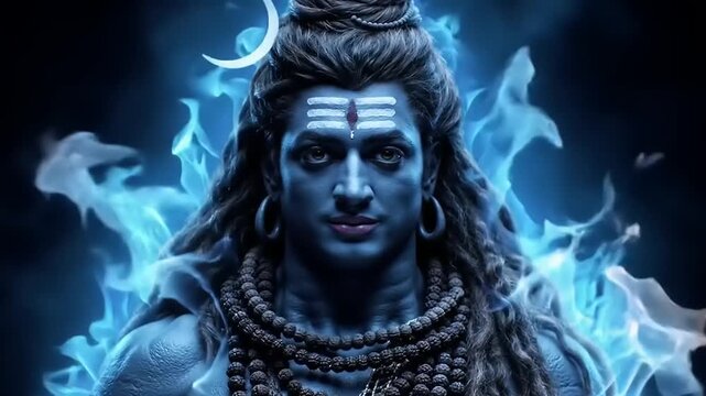 Lord Shiva Blue Fire Aura Mystical Deity Portrait.