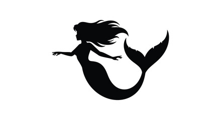 A striking black silhouette depicts a mermaid with flowing hair and a graceful tail evoking mythical beauty silhouette © Jahid