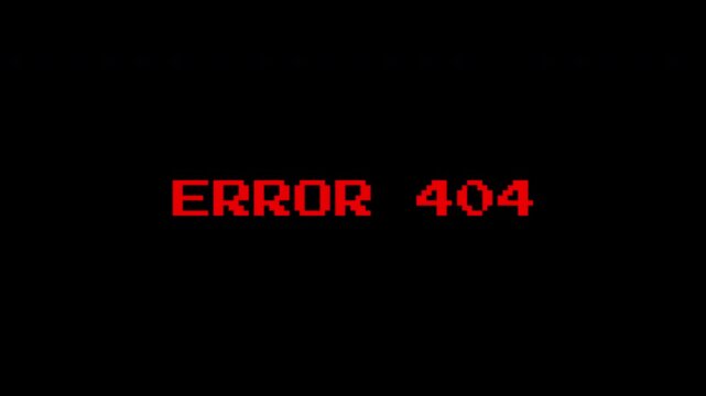 Error 404 text in red pixels on a black background. Suitable for error pages design and technology concepts for websites.