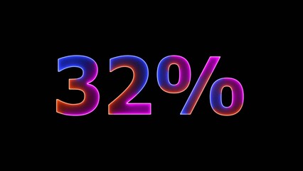 Glowing colorful Neon number 32% on black background. 32 Percent Off Sale. 4k illustration.