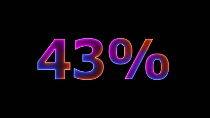 Glowing colorful Neon number 43% on black background. 43 Percent Off Sale. 4k illustration.