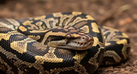 Obraz premium Close-up of a coiled python snake with intricate yellow and brown scales, showcasing its reptilian features