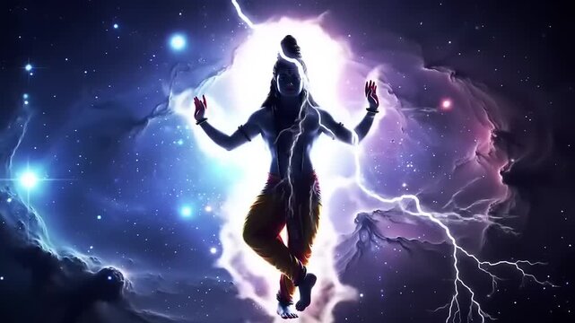 Lord Shiva Dancing in Cosmic Universe with Lightning and Stars.