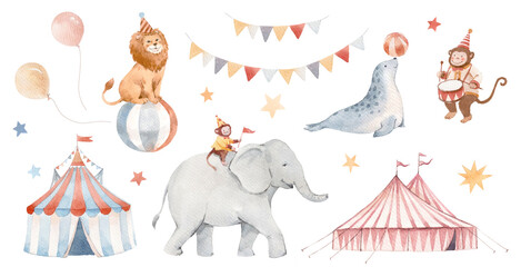 Large watercolor circus elements set with cute animals and clowns. Baby elephant, giraffe, lion, monkey, circus tent, balloons and garlands. Hand drawn kids clipart for nursery, baby shower and © Zenina-Lembrik