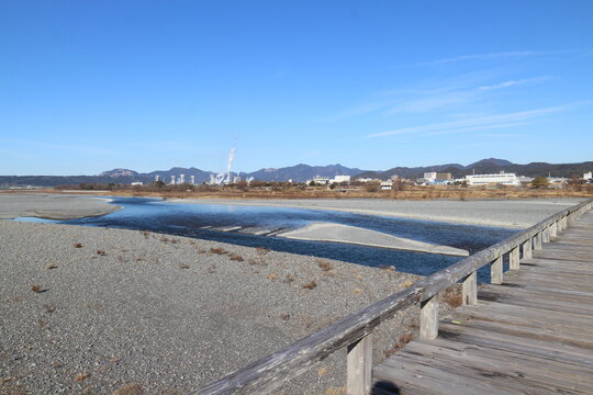 Oi River viewed from Horai Bridge, the longest wooden pedestrian bridge in the world, in Shimada, Shizuoka, Japan