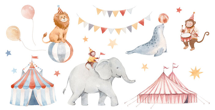 Large watercolor circus elements set with cute animals and clowns. Baby elephant, giraffe, lion, monkey, circus tent, balloons and garlands. Hand drawn kids clipart for nursery, baby shower and