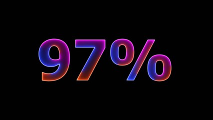 Glowing colorful Neon number 97% on black background. 97 Percent Off Sale. 4k illustration.