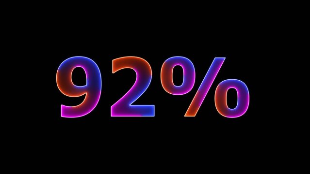 Glowing colorful Neon number 92% on black background.92 Percent Off Sale. 4k illustration.