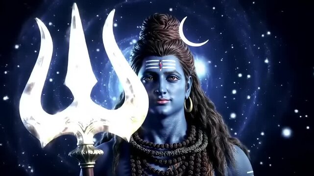 Lord Shiva holding Trishul in cosmic background with crescent moon.