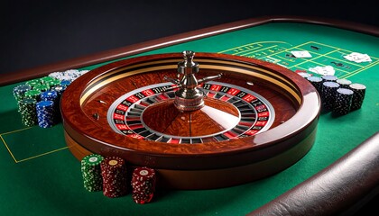 Obraz premium A close-up shot of a roulette wheel with chips on a green felt table against a black backdrop