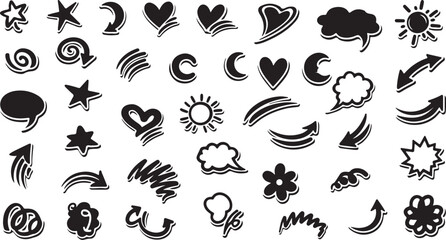 Obraz premium Hand drawn doodle icons set in simple black line art style on white background for graphic design