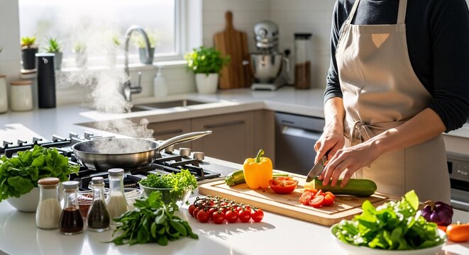 Chef in an apron cutting fresh vegetables on a wooden board in a bright modern kitchen