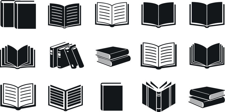 Large collection of book icons featuring open textbooks closed volumes and stacked literature in black silhouette vector illustration for library and education design