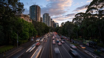 Busy City Highway with Light Trails at Dusk