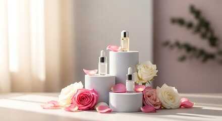 Cosmetic products arranged with roses on pedestals in soft daylight setting