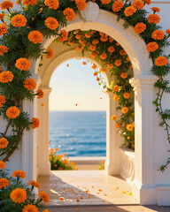 Vibrant Orange Marigold Archway Framing a Serene Ocean View