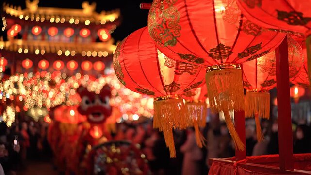 Vibrant red lanterns and lion dance performance.