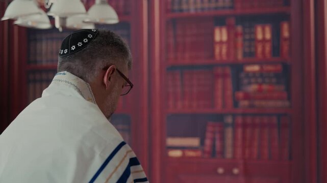 jewish Men from the back, covering a traditional jewish Tallit blue and gold stripes and tassels. 