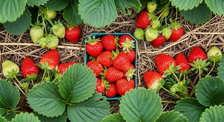 Image is a vibrant, close-up photograph of a strawberry patch. The layout features a mix of ripe, red strawberries and green leaves, with some strawberries still in the process of ripening, displaying