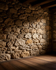 Rustic Stone Wall and Wooden Plank Floor Corner with Dramatic Lighting