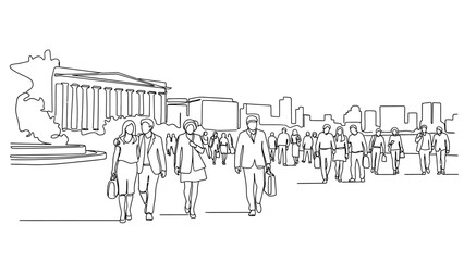 Fototapeta premium continuous line drawing of people walking on a city street with buildings and a skyline illustrating urban daily life.