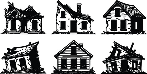 Obraz premium Six destroyed houses with broken windows and damaged roofs illustration of dilapidated homes in various states of disrepair