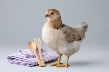 a chicken, wearing an apron and holding utensils, against a light gray background