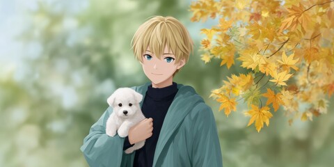 boy with blonde hair and blue eyes holding a white puppy, with autumn leaves in the background.