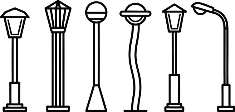 Set of various urban street lamps and light posts designs  outdoor lighting fixtures