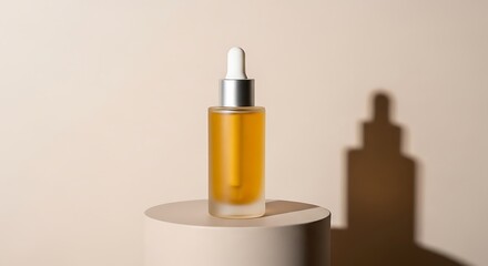 Cosmetic serum bottle illuminated with elegant lighting on a minimalist podium
