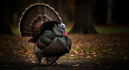 Bright Male Turkey Displaying Fanned Tail in Forest Clearing