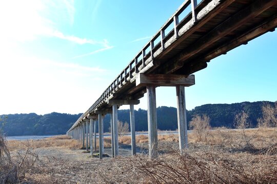 Horai Bridge, the longest wooden pedestrian bridge in the world, in Shimada, Shizuoka, Japan