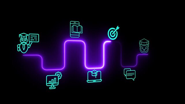 AI-driven education transforms online learning concept on the black background. Helping learners study smarter and achieve goals faster. 4k animation.