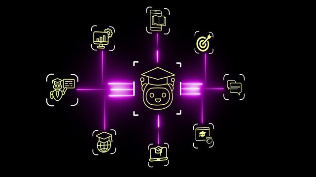 AI-driven education transforms online learning concept on the black background. Helping learners study smarter and achieve goals faster. 4k animation.