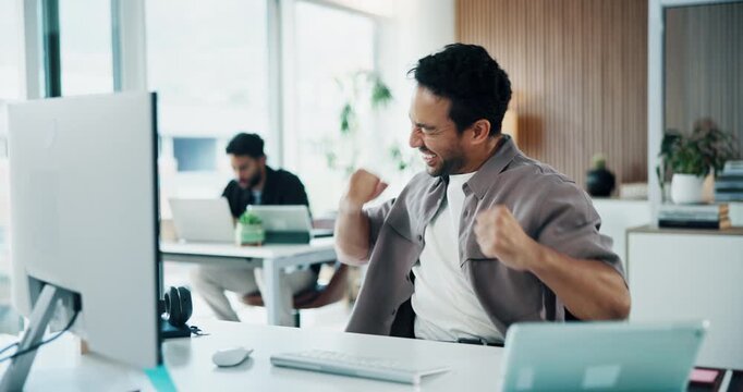 Victory, fist pump or man in newsroom with computer, viral article or story promotion for magazine. Achievement, coworking or journalist with tech, career milestone or editorial success in agency.