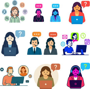 Diverse Illustrations of Customer Service Call Center and Tech Support Agents with Headsets and Computers