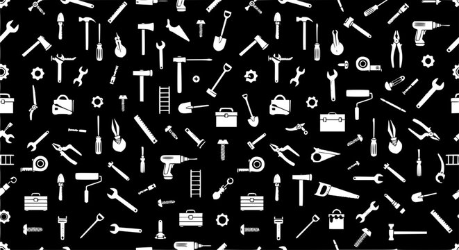 Seamless White Tool Silhouettes Pattern on Black Background DIY and Workshop Vector Design