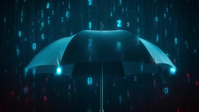 Glowing blue umbrella with binary code rain, isolated on dark background